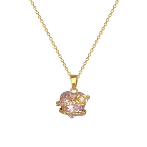 Elegant gold titanium steel necklace with pink heart gemstone and floral diamond accents