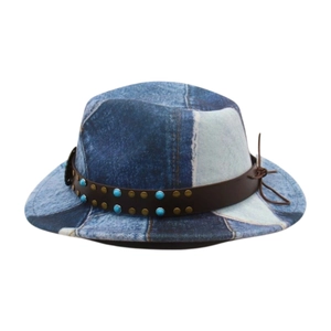 Detail of kids jazz hat featuring denim patchwork fabric and turquoise beaded leather band