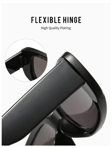 Detail view of the flexible hinge and high quality plating on black square sunglasses