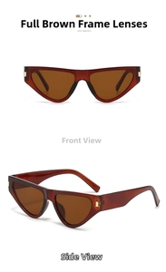 Cat-eye sunglasses in tea frame with tea lenses, front and 45-degree side view