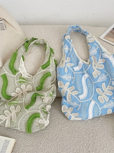 Women Vintage Tote Bag With 3D Lace Flower Embroidery Fringe Polyester Large Capacity Aesthetic Daily Shoulder Bag
