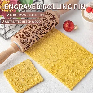 Christmas Embossed Rolling Pin Beech Wood Engraved Reindeer Snowflake For DIY Cookie Baking Fondant Pastry Kitchen Tool