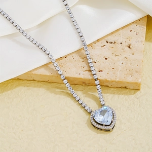 Heart Pendant Necklace Copper Zircon Tennis Chain Sparkling Luxury Romantic Style For Women