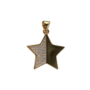 Gold star pendant with half cubic zirconia pavé and polished metal on white background