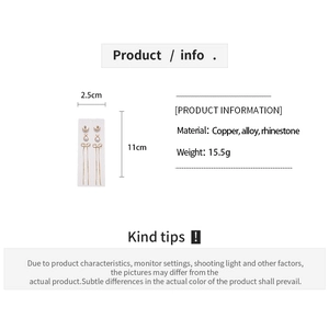 Detail showing moon star and bow fringe earrings dimensions with material specifications