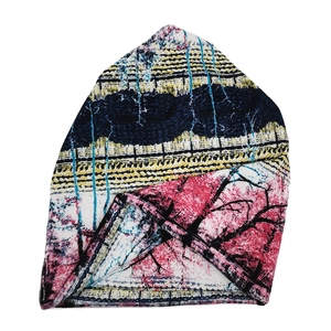 Detailed fabric texture and artistic landscape print on a breathable beanie hat