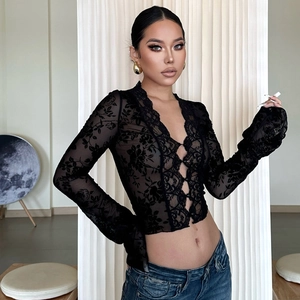 Detail of floral lace mesh cardigan featuring a deep V-neck and front tie closure