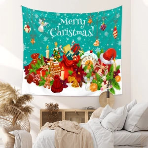 Detail view of Bohemian Christmas wall tapestry with festive decor in a cozy bedroom setting
