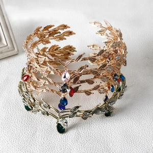 Elegant gold and silver bridal leaf tiara featuring colorful crystal teardrop pendants