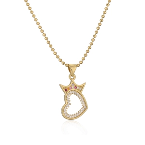 Gold-plated crown heart pendant necklace with zircon stones on a white background