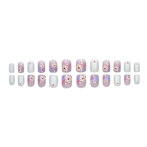 Floral short press-on nails set in pink purple gradient with flower patterns and dots