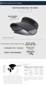 Detailed size chart for sun visor showing 11.5cm brim and 56-60cm head circumference