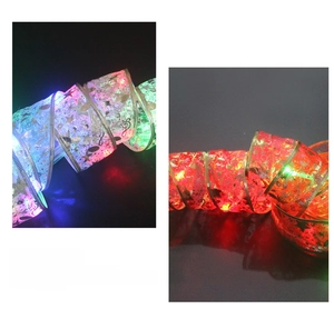 Detail of LED glowing ribbon with gold foil star patterns and colorful festive lights