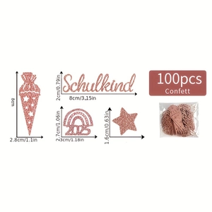 100pcs rose gold Schulkind glitter confetti with school icons and size specifications
