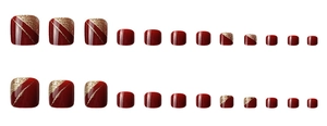 Deep red and gold glitter press-on toenails set in 24 pieces for professional pedicures