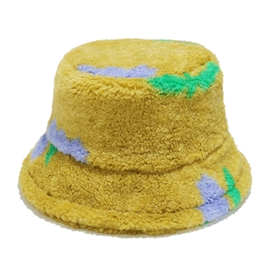 Cappello da pescatore invernale in peluche con motivo floreale giallo e viola