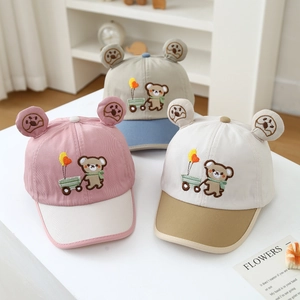 Cute cotton baby baseball caps with bear ears and cartoon embroidery in three soft colors