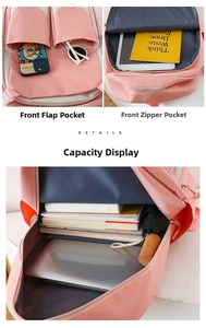 Detail showing pink backpack interior with multiple storage compartments for laptop and books