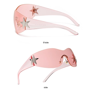 Detail of pink Y2K rimless sunglasses with silver star decor and technical specs