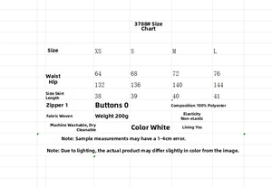 Size guide for white high-waist mini skirt showing XS-L measurements in centimeters