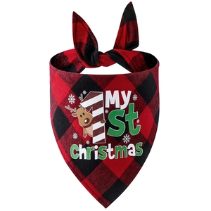 Detail of red and black buffalo plaid Christmas dog bandana with My 1st Christmas print