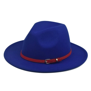 Eleganter königsblauer Wollfilz-Fedora-Hut mit stilvollem rotem Gürtelschnallenband-Detail