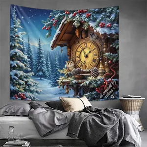 Detail of Christmas tapestry with snowy clock tower and starry sky in bedroom setting