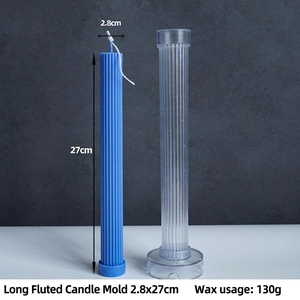Macro detail of 27cm ribbed candle mold and finished sky blue wax stick with dimensions