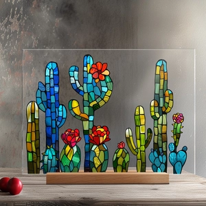 Colorful mosaic cactus acrylic desk decor with wooden base for office and home aesthetics