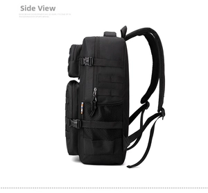 Detailed side view of black tactical backpack showing MOLLE system and mesh side pockets