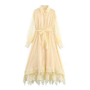 Robe Maxi Femme Manches Longues Mousseline Dentelle Revers Patchwork Ceinturée Douce Élégante Vintage Robes Chemises