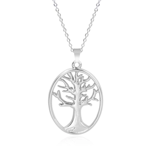 Detailed view of silver tree of life pendant in oval hollow frame on O-chain necklace