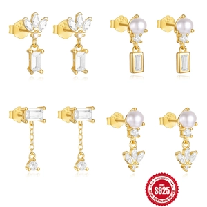 Vintage Artificial Pearl Dangle Earrings For Women With 925 Sterling Silver Earring Post Zircon Elegant Geometric Gold Plated