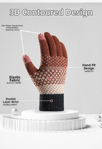 Detail of knitted touchscreen gloves with geometric patterns and double thick cuffs