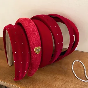 Elegant set of burgundy velvet and tweed headbands with rhinestones and heart charms