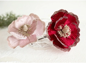 Detail of 18cm velvet Christmas magnolia flower with pink glitter edges for decor