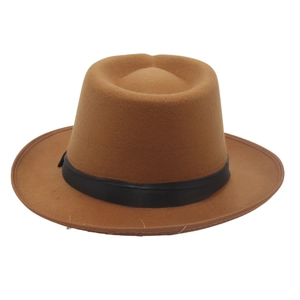 Close-up of camel wool fedora hat featuring a black leather band and centered pinch