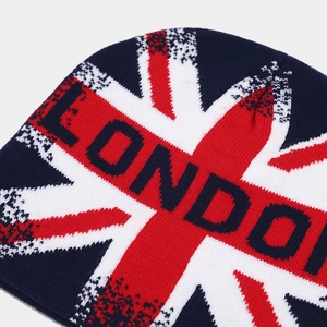 Knitted Union Jack beanie with London text for winter outdoor warmth and street style