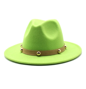 Detail of neon green wool fedora hat featuring brown band with gold stud rivet accents