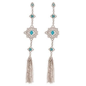 Silver drop earrings with blue marquise crystals and long metal tassel fringes
