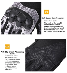 Detail of tactical gloves with protective rubber plating and camo anti-slip palm padding