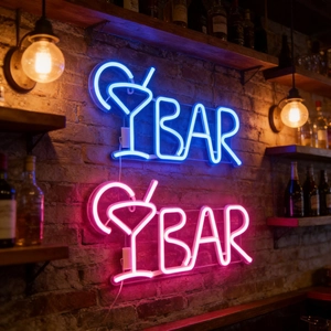 Neon BAR sign with cocktail icon in blue and pink LED light on a vintage brick wall