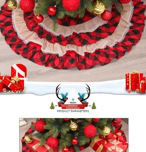 Detail of red black buffalo plaid and burlap ruffled layers of the Christmas tree skirt