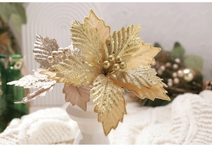 Detail of 25cm champagne gold velvet Christmas poinsettia flower with glitter and beads