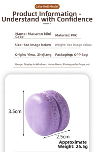 Macro view of purple PVC macaron model showing 3.5cm height and 2.5cm diameter details