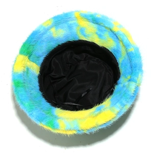 Top view of colorful tie-dye faux fur bucket hat with soft lining and adjustable drawstring