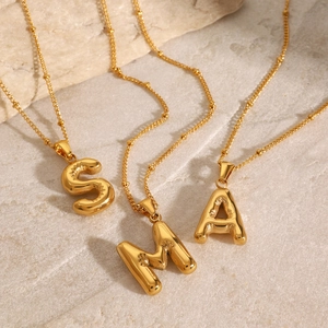 Golden 3D balloon initial necklace S M A with beaded stainless steel chain for women
