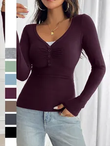 Women Long Sleeve T Shirt V Neck Ruched Button Slim Fit Viscose Elastane Solid Color Y2K Casual Base Layer Top