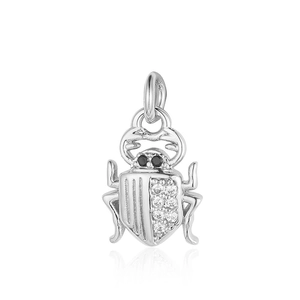 Detailed view of silver beetle charm with cubic zirconia inlay and top hanging loop