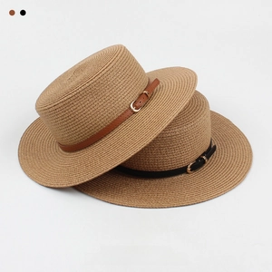 Boater Straw Hat Paper Woven Summer Beach Sun Protection Flat Top Short Brim Travel Fashion For Women Elegant-Style